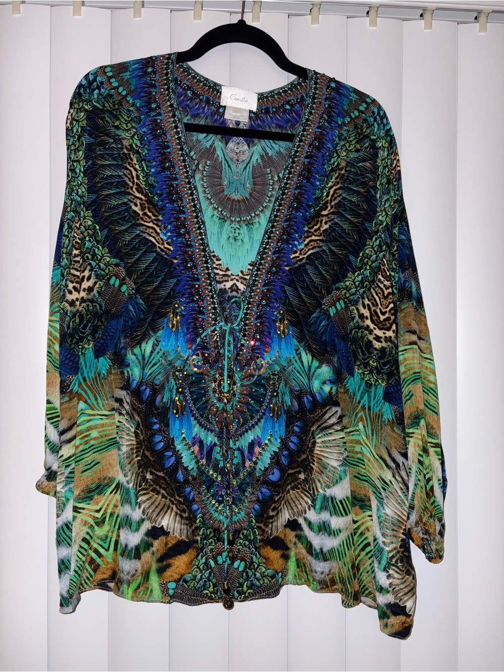 Camilla Peacock-Print V-Neck Tunic in Teal, Blue & Green